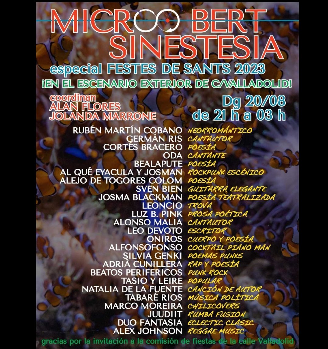 SinestesiaSants's tweet photo. DOMINGO 20/08  21-03 h MICROOBERT SINESTESIA especial FESTES DE SANTS EN EL ESCENARIO EXTERIOR DE C/ VALLADOLID!
#fmsants #fmsants23 #fmsants2023 #festesdesants #festesmajors #festamajordesants
#Musica #Poesia #Improvisación #Performance #Teatro
#microobert #microabierto #openmic https://t.co/FCYSLVz6ob