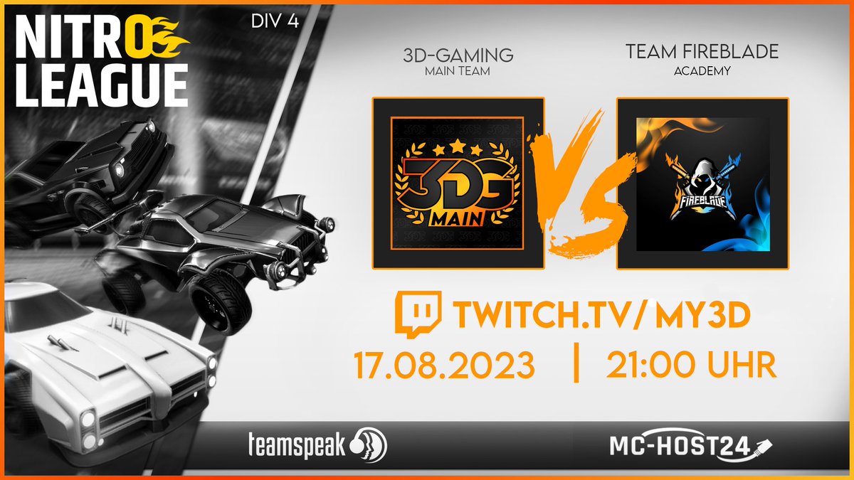 Heute spielt das <a href="/3dGaming_org/">3D-Gaming</a> Main Team das zweite Spiel der <a href="/NitroLeagueRL/">Nitro League Legacy</a> Saison.

⚔️ 3DG Main Team vs <a href="/Team_FireBlade/">FireBlade</a> Academy
⏱️ Heute - 21:00 Uhr
🎙️ SoDerFreddy + Nightmare
➡️ twitch.tv/my3d ⬅️

#RocketLeague #esport #live #stream 
Sponsoren: <a href="/teamspeak/">TeamSpeak</a> <a href="/MCHOST24/">MC-HOST24.de</a>
