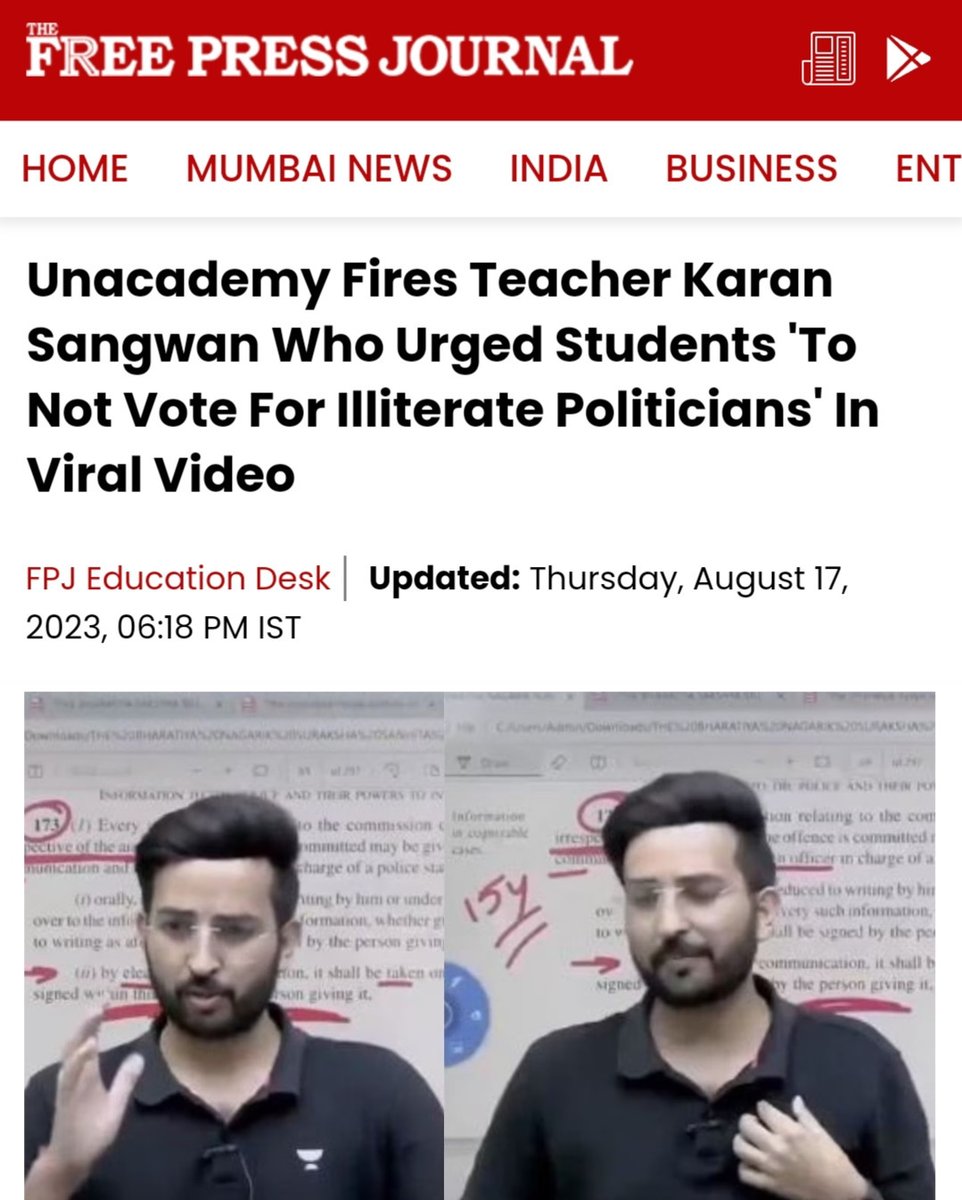 A few days back, a law educator from Unacademy urged his students to vote only for educated leaders, without mentioning any specific names. His video went viral and today he lost his job. The price of Freedom of Speech in “New India” !! Shame on Unacademy.