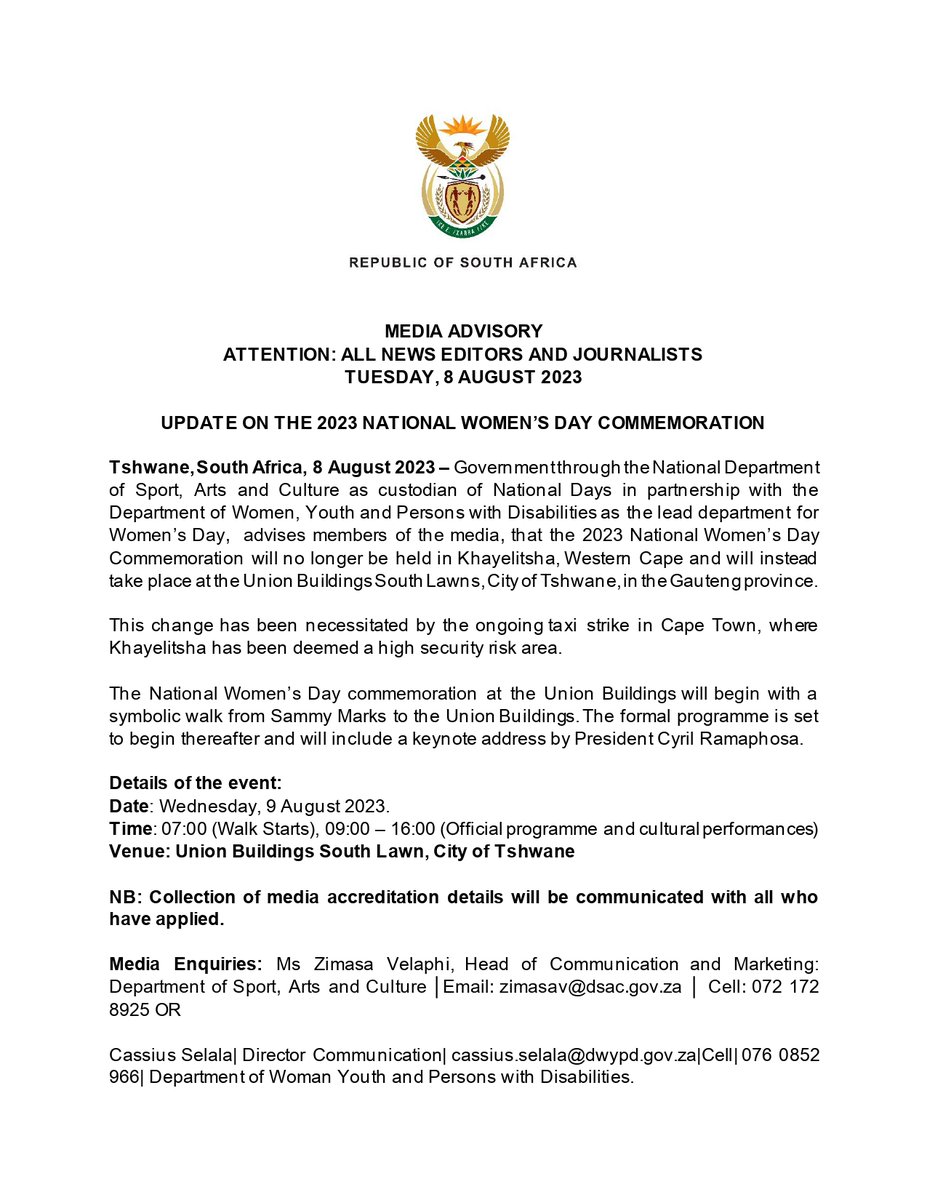 SportArtsCultur's tweet photo. Media Invitation
16 August 2023
Department of Sport, Arts and Culture to National Geographical Name Change Workshop in Upington
Members of the media are invited as follows:
Date: 23 August 2023
Venue: Tol Speelman Community Hall
Time: 10h00
#GeographicalNames #SAGNC https://t.co/rl27F70ZRc