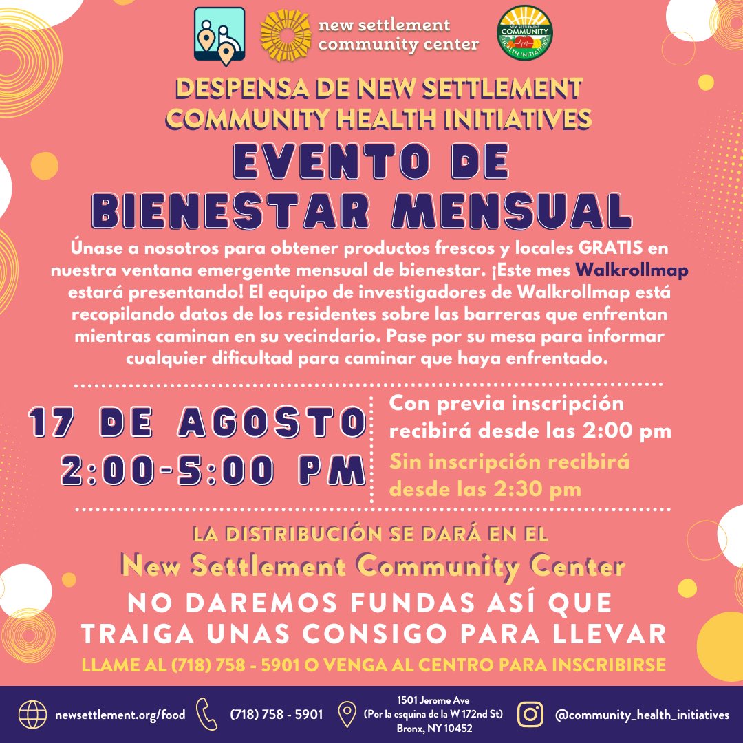 Today is the day! Residents of Kingsbridge, Fordham, University Heights, Mount Eden, and Mount Hope we will be at the New Settlement Community Health Initiatives Pantry Monthly Wellness Popup from 2-5 p.m. Stop by our table to chat about barriers you face while walking.