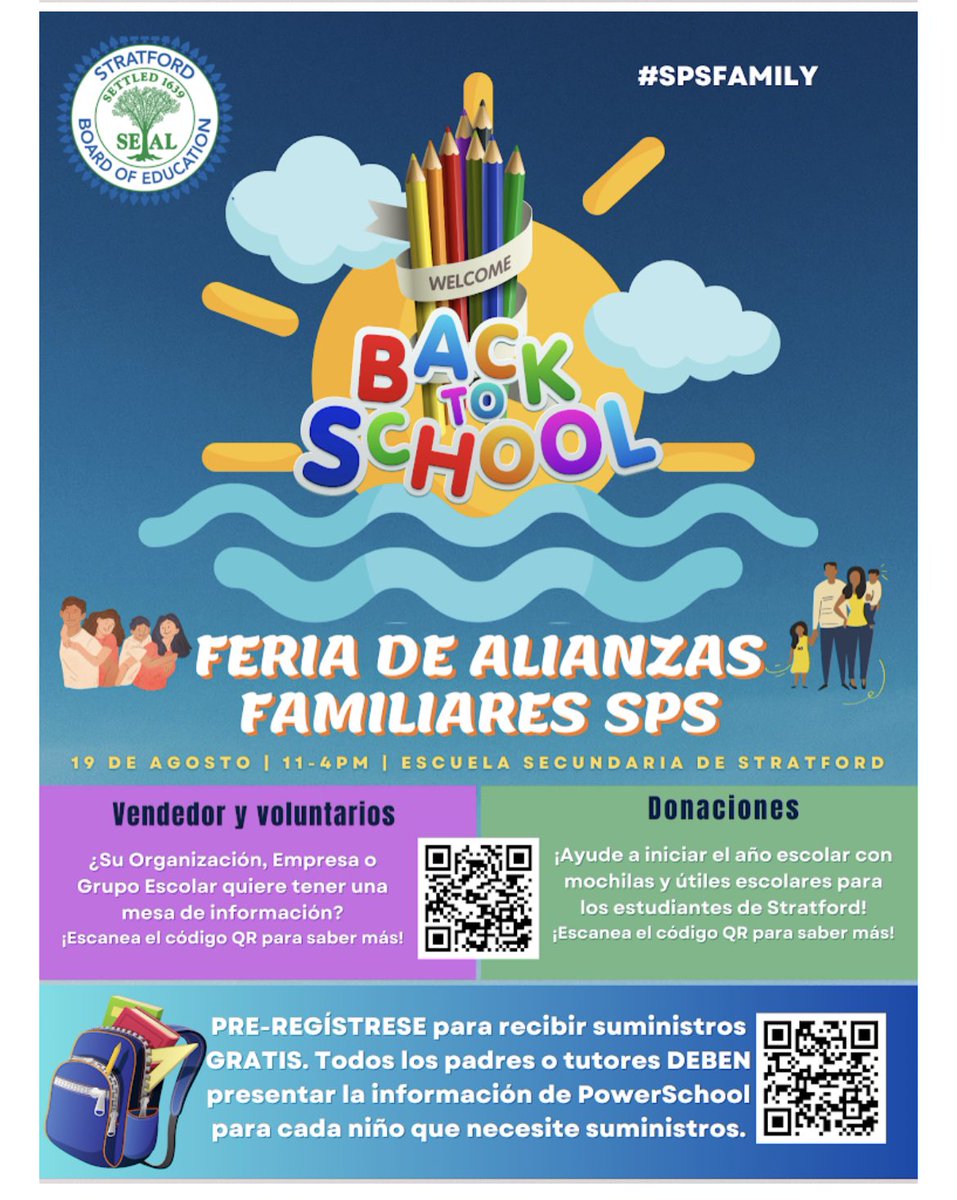 Don’t forget to come out and visit the first ever Stratford Public Schools Family Partnership Fair! Come join us on Saturday, August 19 from 11 to 4 PM at Stratford high school!