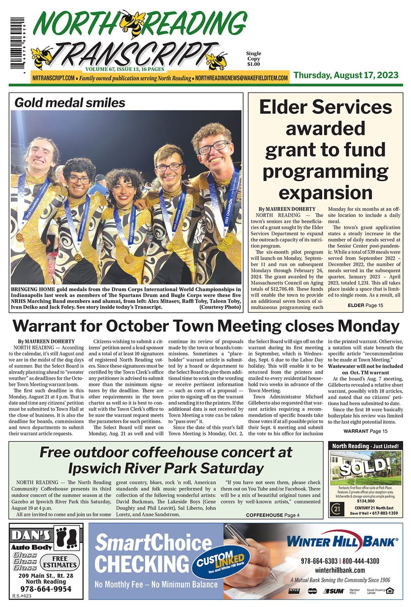 nrtranscript's tweet photo. Front Page published August 17, 2023 https://t.co/W6HtoM1ExE #nrtranscript #NorthReadingMA https://t.co/y0EWiiSvvH