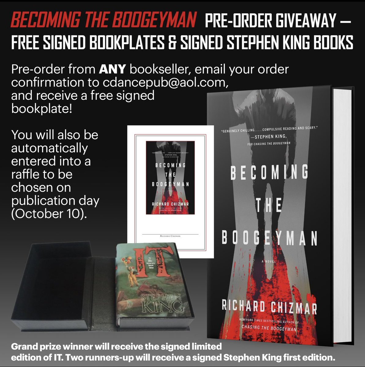 RichardChizmar's tweet photo. Win one of 3 signed Stephen King books, including the traycased edition of IT! 

ALL pre-orders qualify. https://t.co/mpE3R9JCOX