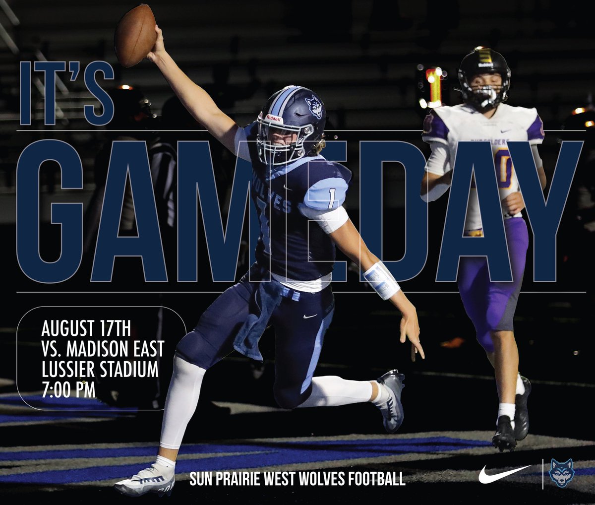 Sun Prairie West Wolves (@spwwolves) on Twitter photo Today is the first football game of the season! <a href="/WestWolvesFB/">Sun Prairie West Wolves Football</a> take on Madison East at Lussier Stadium at 7pm! #OneWest Today is the first football game of the season! <a href="/WestWolvesFB/">Sun Prairie West Wolves Football</a> take on Madison East at Lussier Stadium at 7pm! #OneWest