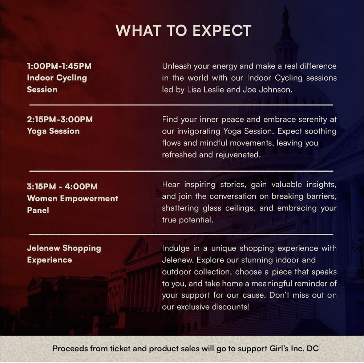 Hey DMV! Get ready to move! 🚴🧘 Join <a href="/GirlsIncDC/">Girls Inc. DC</a> tomorrow at <a href="/vidafitnessdc/">VIDA</a> for a day women’s empowerment <a href="/lisaleslie/">Lisa Leslie</a> &amp; <a href="/isojoe/">Joseph Sorrentino</a> <a href="/iso/">iso</a> Come break barriers with us &amp; make waves for <a href="/girlsincdc/">Girls Inc. DC</a>. Come shop amazing pieces from <a href="/Jelenew/">Jelene Wilkinson</a>. w/100% of the proceeds go to support <a href="/GirlsIncDC/">Girls Inc. DC</a>