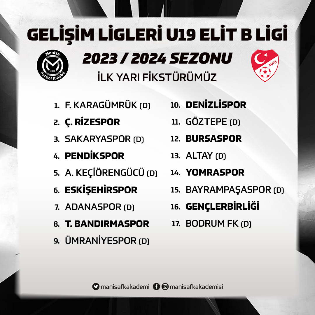 ⚫⚪ U19 Takımımızın, Gelişim Ligleri U19 Elit B Ligi 2023-2024 sezonunun ilk yarı fikstürü belli oldu.