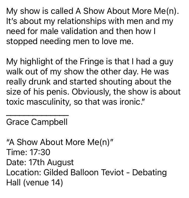 Humans of the Fringe: The people’s story- Grace Campbell <a href="/GraceCampbell/">Grace Campbell</a> #edfringe #comedian #edinburgh #gildedballoon #fillyerboots