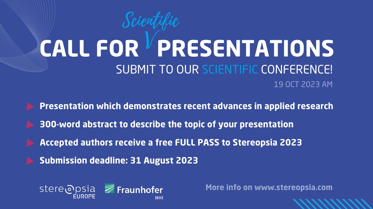 Now it is time to apply for the academic and research track! Send your abstract by end of August and we are looking forward to seeing you at Stereopsia in October! Apply here: stereopsia.com/call-for-prese… #stereopsia