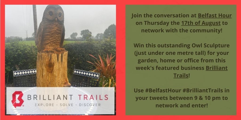 Ten minutes to go! Have you made a new connection tonight? If you are just in check out this week's outstanding Owl Sculpture giveaway from this week's featured business @BrilliantTrails! Use #BelfastHour #BrilliantTrails to enter!