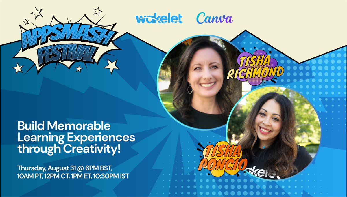 Build Memorable Learning Experiences through Creativity! Our AppSmash Festival session with <a href="/canva/">Canva</a> will offer tons of awesome ideas for engaging students this school year!🎉

Join @TxTechChick &amp; <a href="/tishrich/">✨Tisha Richmond✨</a> for a wonderful discussion!
webinars.wakelet.com/appsmash_fest
