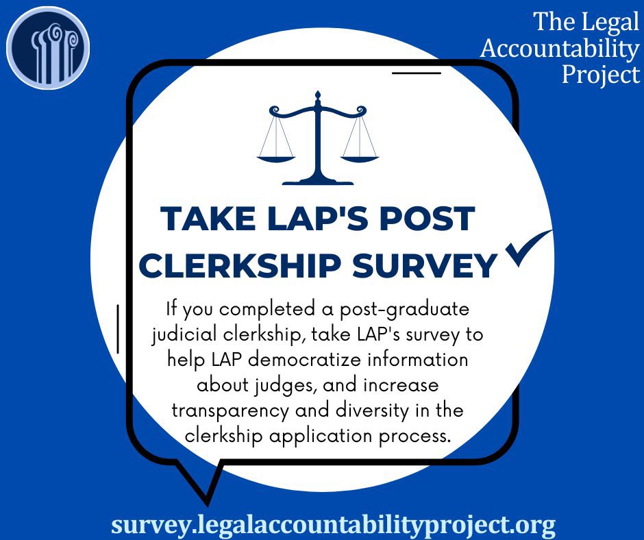 The_LAP_'s tweet image. Did you clerk? 

Share your #clerkship experience w/ LAP &amp;amp; help us #democratize information about judges. 

Together, we can transform the clerkship system &amp;amp; #legalprofession for the next generation of attorneys.
