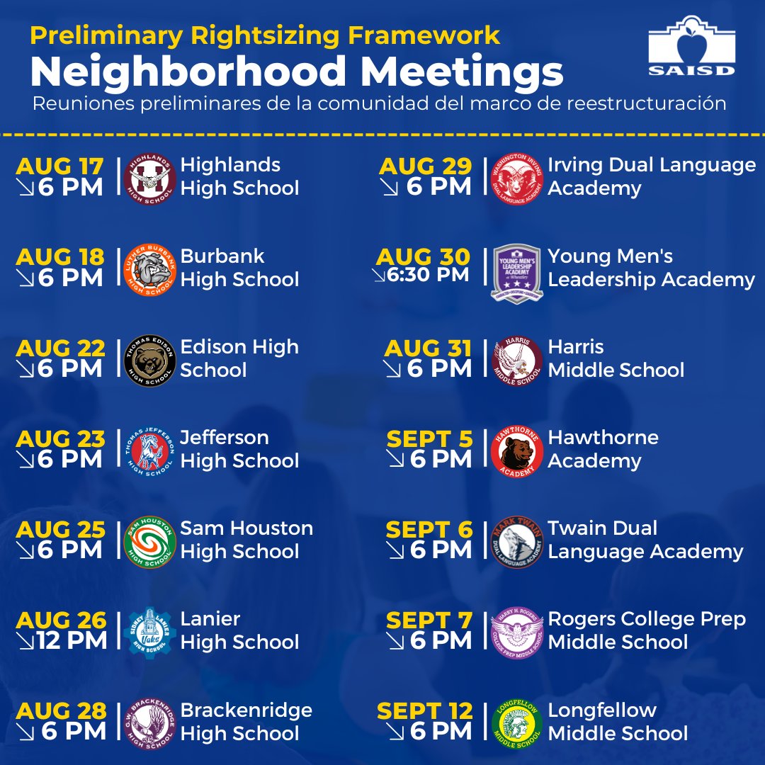 Our 1st of 28 community engagement meetings happens tonite <a href="/SAISD/">San Antonio ISD</a>Highlands at 6pm. We invite all staff and community to join us and provide feedback on the Rightsizing Framework. @SAISD