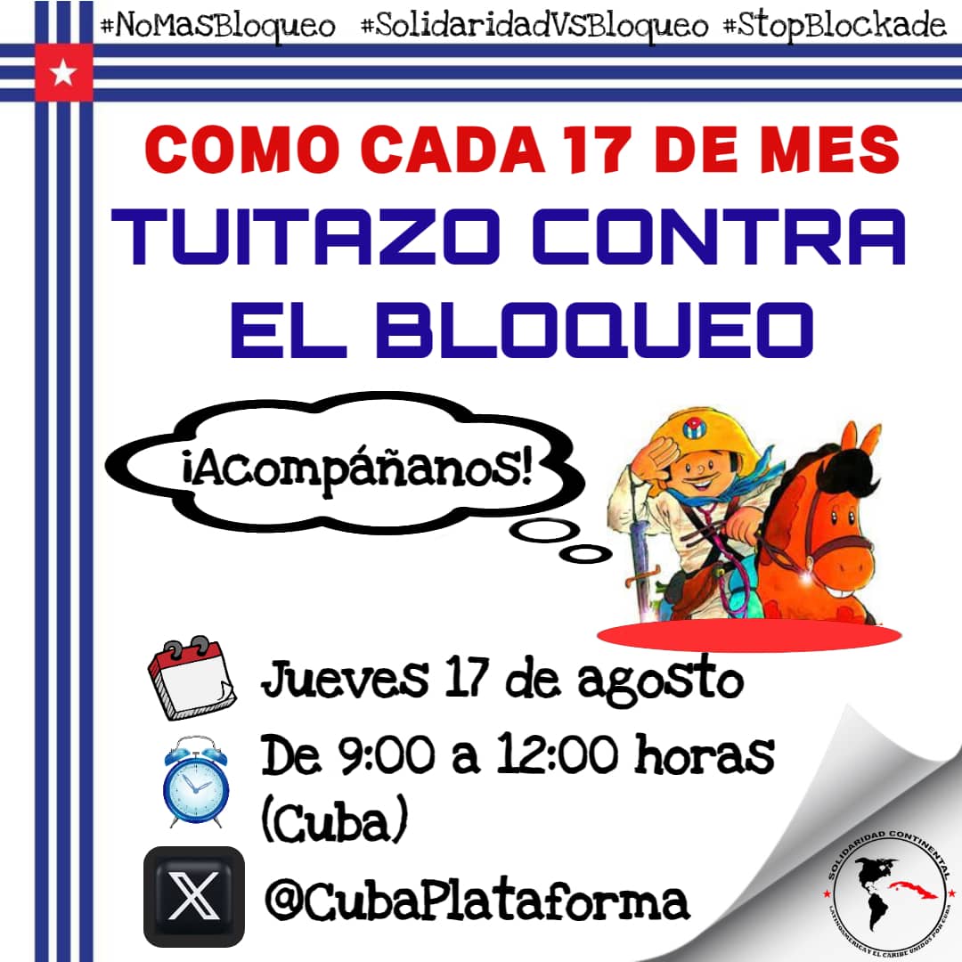 #NoMasBloqueo al pueblo de Cuba, es nuestro grito de hoy 🇨🇺. #SolidaridadVsBloqueo