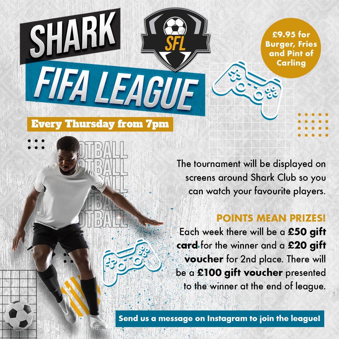 SharkClubUK's tweet photo. "Calling all FIFA fans!" 📣⚽️

Come along every Thursday from 7pm and join our Shark Club FIFA League. Where else would you be spending your Thursday nights?

Drop us a message on Instagram to join in on the action. 📩 https://t.co/IjpMYkG18U