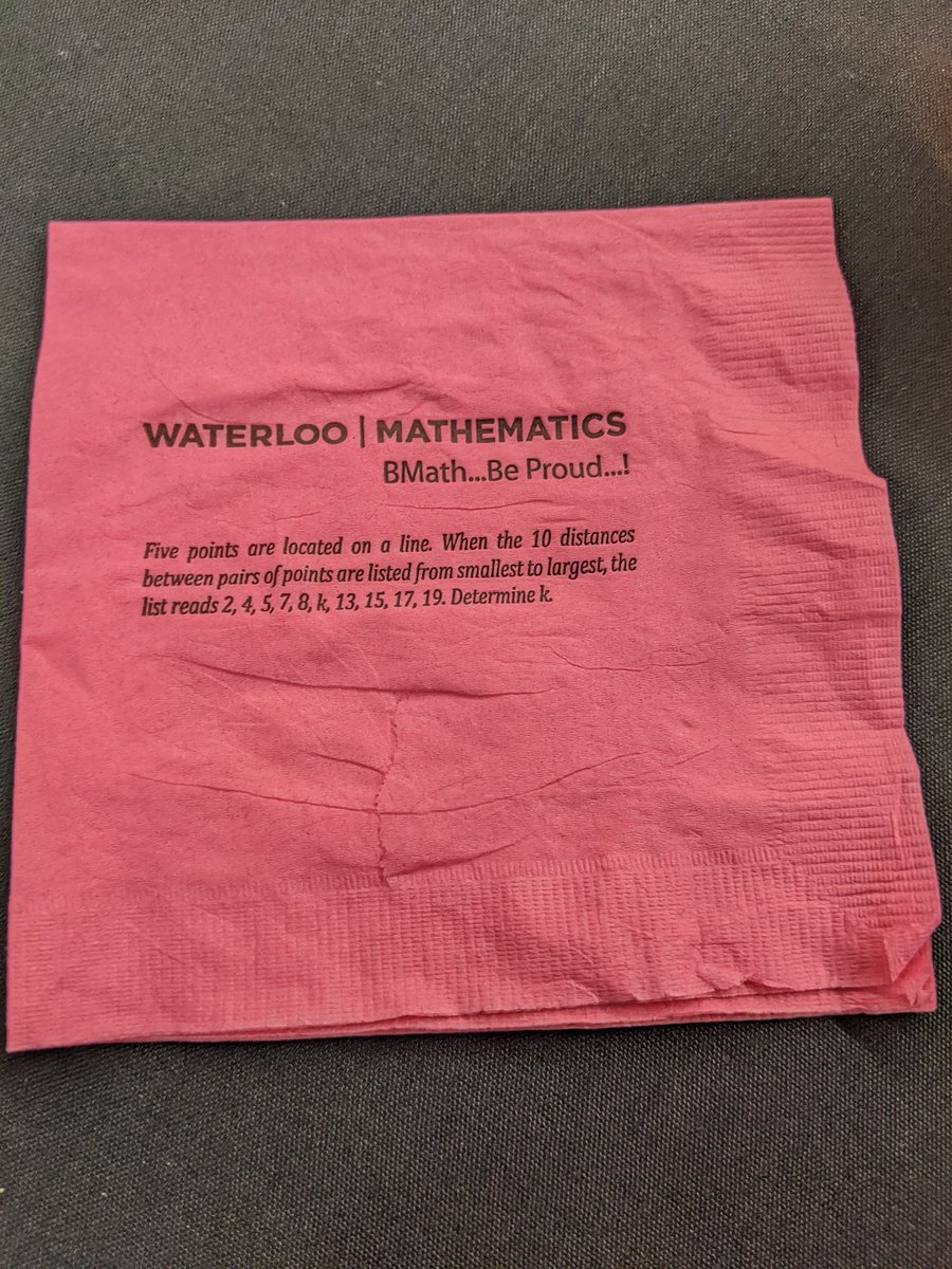 thegautamkamath's tweet image. Had a great time meeting @thecodingbarbie, Richard, and other high school CS teachers at the @UWaterlooCEMC Summer Conference for CS Educators! So important to get students excited about CS early.
The @WaterlooMath napkins had unique math problems on them. Can you solve mine? 🤔