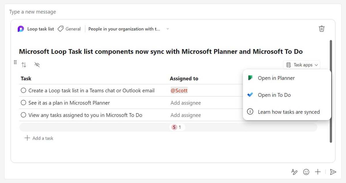 MicrosoftLoop's tweet photo. #NewinLoop Task management just got easier!
✅ Tasks created in Loop pages and components are automatically synced with Planner &amp; @MicrosoftToDo. Edit your tasks across the 3 apps &amp; they will update everywhere.
🎯 See the tasks assigned to you in ToDo's Assigned To Me list https://t.co/EVr97BydFp