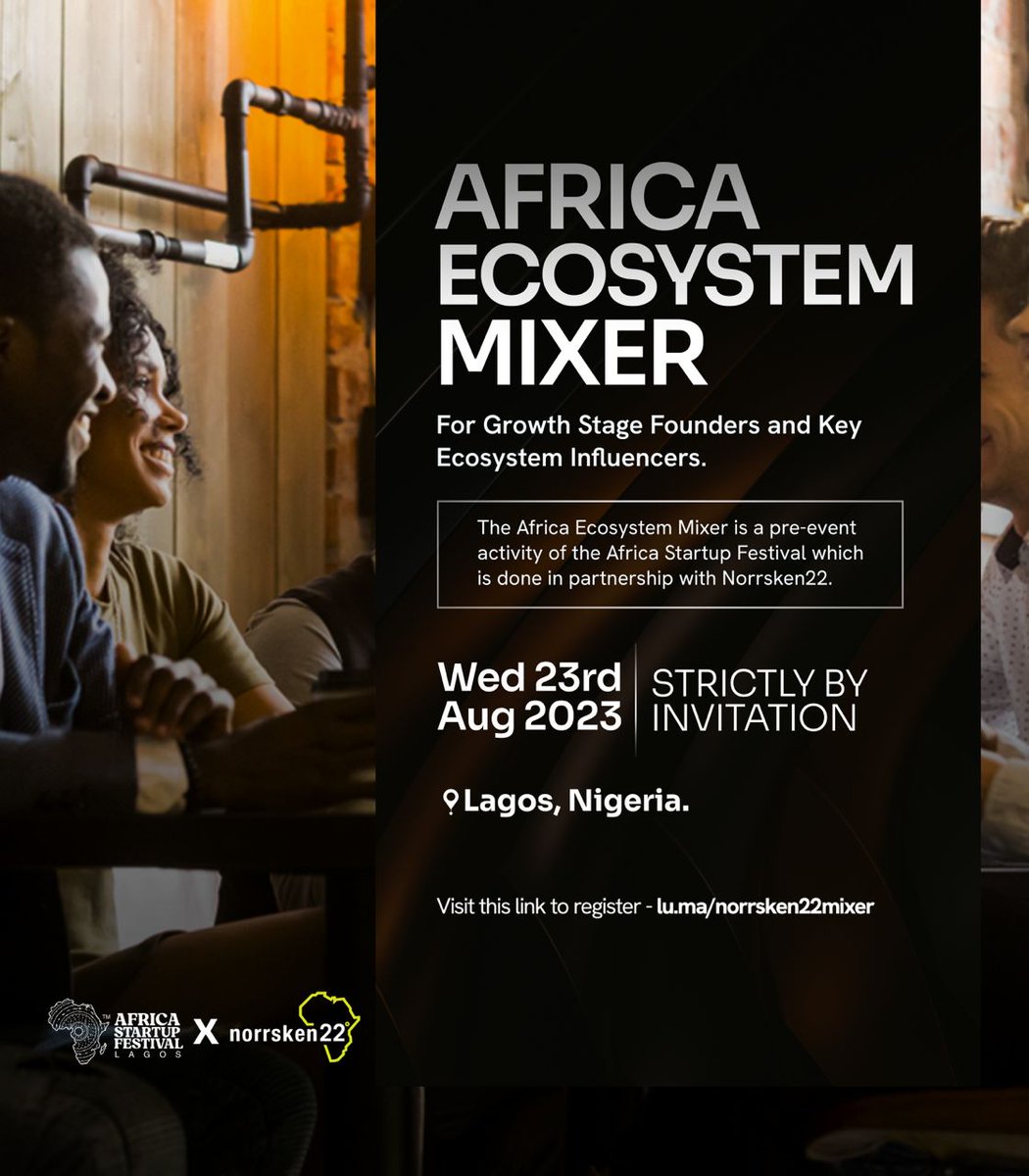 Norrsken22 (@norrsken22) on Twitter photo We are collaborating with <a href="/sparkafricahq/">Spark Africa HQ</a>, organizers of the <a href="/startupfesthq/">Africa Startup Festival</a>, to host an Africa Ecosystem Mixer on the 23rd August in Lagos. Come & connect with other incredible founders, investors &ecosystem builders from across the continent.
lu.ma/norrsken22mixer We are collaborating with <a href="/sparkafricahq/">Spark Africa HQ</a>, organizers of the <a href="/startupfesthq/">Africa Startup Festival</a>, to host an Africa Ecosystem Mixer on the 23rd August in Lagos. Come & connect with other incredible founders, investors &ecosystem builders from across the continent.
lu.ma/norrsken22mixer