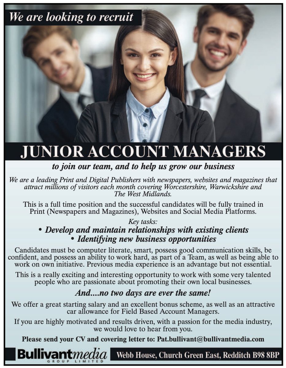 WE'RE HIRING: We're looking to recruit Junior Account Managers to join our team. If you are highly motivated and results driven, with a passion for the media industry, we would love to hear from you. Please send your CV and covering letter to: Pat.Bullivant@BullivantMedia.com