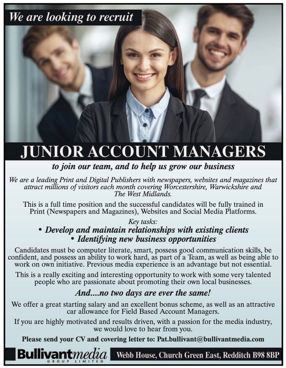 WE'RE HIRING: We're looking to recruit Junior Account Managers to join our team.

If you are highly motivated and results driven, with a passion for the media industry, we would love to hear from you. Please send your CV and covering letter to: Pat.Bullivant@BullivantMedia.com