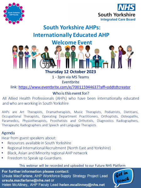 SYB_ICS_AHPs's tweet photo. 📢Calling #AHPs who have been internationally educated and who are working in South Yorkshire

@SYB_ICS_AHPs would like to welcome you to South Yorkshire, and support you in your AHP roles in the region:
🗓️ 12 Oct 23
🕐 1-3pm
🔗Register here: https://t.co/J0hOiMdcyk https://t.co/2yk3kzlSDc