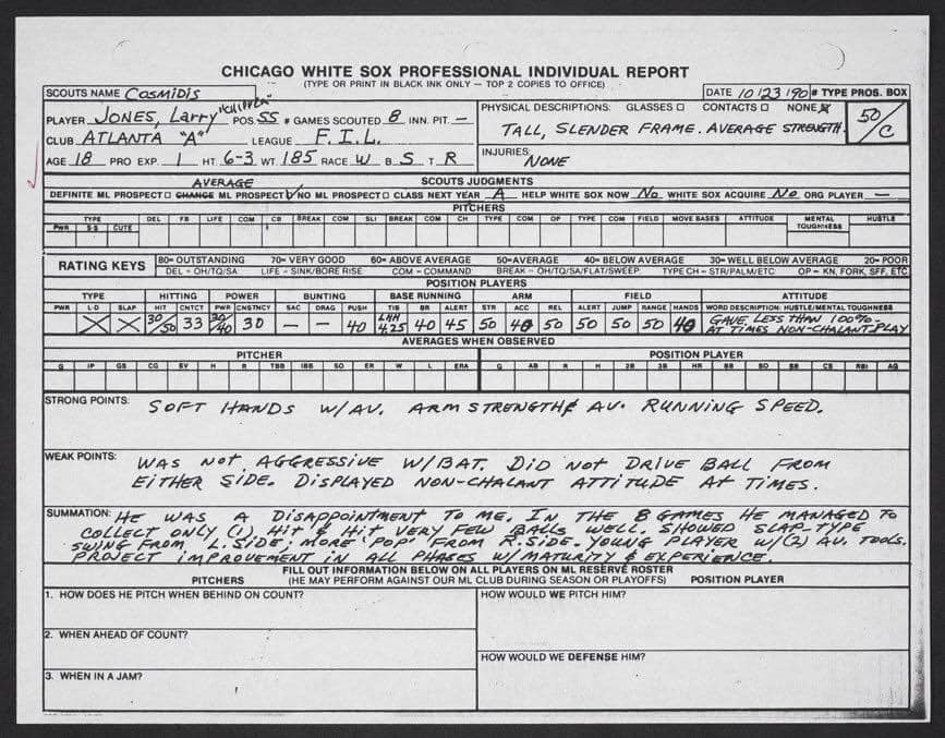 baseballinpix's tweet photo. White Sox scout report on Chipper Jones. https://t.co/6sJjDEUw44
