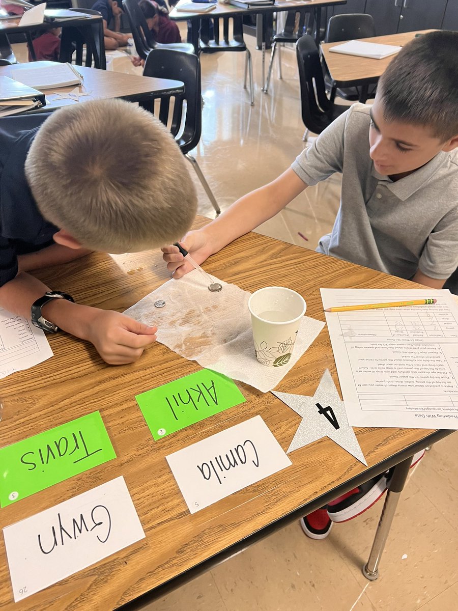 MrsDelgado5th's tweet photo. It’s our first lab day of 5th grade! 🎉We are predicting how many drops will fit on the top of each coin. 👩🏽‍🔬💧🪙#5thGradeRocks #Predictions #LabDayBestDay @TurnerBartelsK8 @WeAreHAEST https://t.co/YknrI81P8Y
