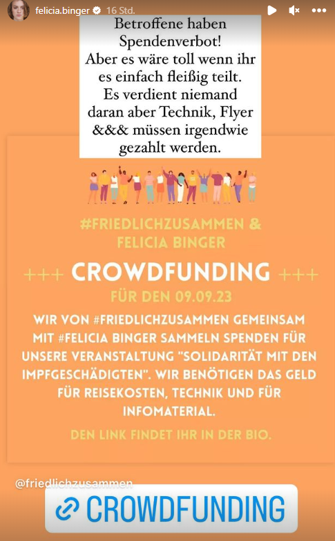 FakeDoctorReal1's tweet photo. Aktuell gibt es von #friedlichzusammen und #FeliciaBinger eine Crowdfunding Aktion für eine große Demo am 09. September in Berlin #b0909 für die nach eigenen Angaben unzähligen Impfgeschädigten https://t.co/4uLfJ0LpqI