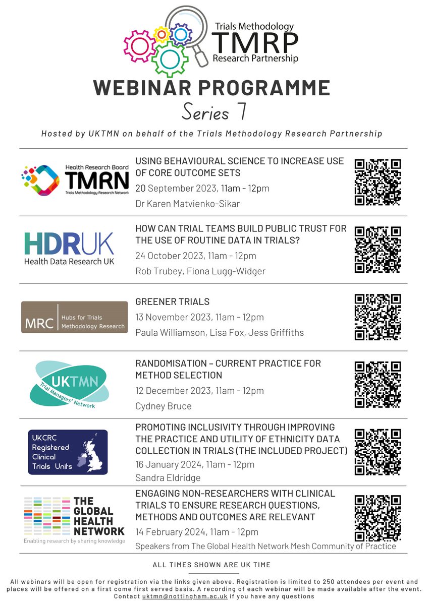 Re-posting because of slight updates to this programme for Series 7 of the TMRP webinars. More info and registration link here - eventbrite.com/cc/7th-tmrp-we… @MRCNIHRTMRP @nottingham_CTU @UKCTUNetwork @HDR_UK @info_TGHN @hrbtmrn @COMETinitiative @Trial_Forge @NHSRDForum