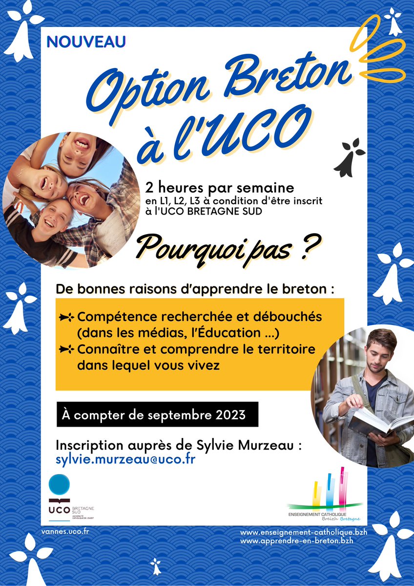 Inscrivez vous sans plus attendre pour des cours de breton (réservés aux étudiants en licence L1, L2 et L3) ! 😉
<a href="/UnivCathoOuest/">UCO</a> 
<a href="/ddec56/">EC Morbihan</a>