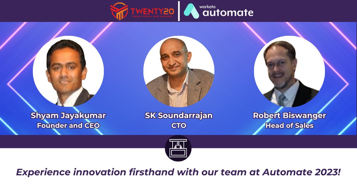 Twenty20Sys's tweet image. 🌟 Meet Our Experts at @Workato Automate 2023! 🌟

We&apos;re thrilled to introduce:
👤 Shyam Jayakumar - Founder and CEO
👤 SK Soundarrajan - CTO
👤 Robert Biswanger - Head of Sales

Use promo code TWENTY20 for a FREE pass: events.bizzabo.com/automate-annua…

#WorkatoAutomate #Automate2023