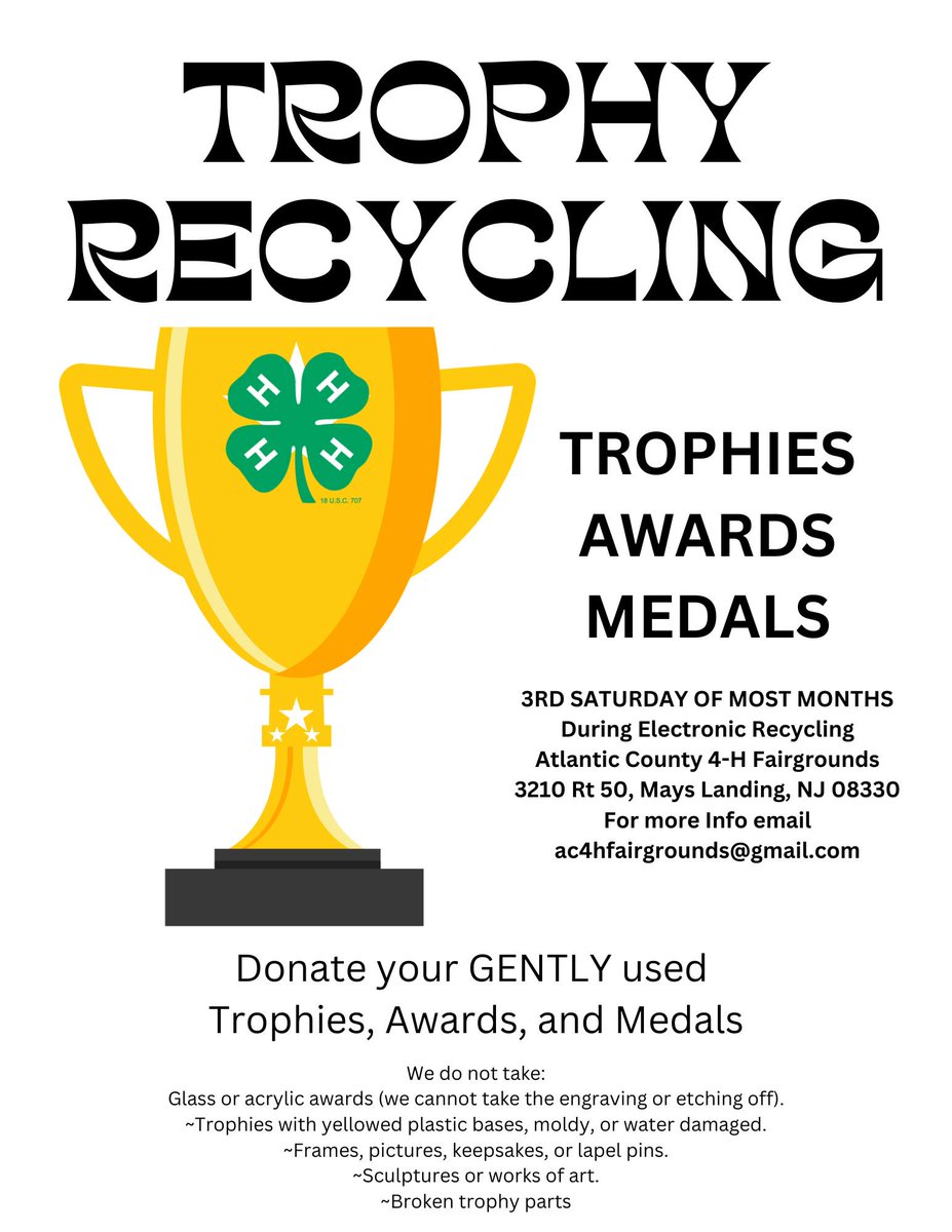 Atlantic County 4-H Fairgrounds is collecting a variety of items this weekend including electronics, ink cartridges, and trophies. All items will be recycled and help benefit the organization. This is a perfect opportunity to declutter your living space. View the flyers for info.
