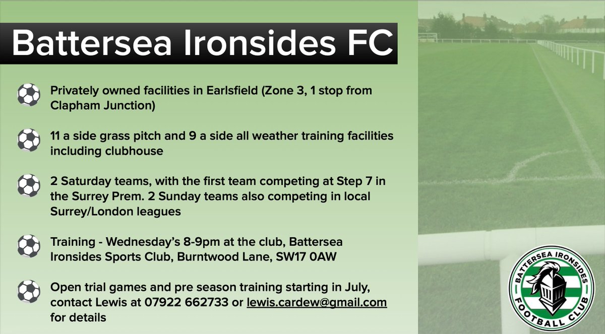 Battersea Ironsides FC Sunday (@ironsides_fc) on Twitter photo Looking forward to our pre-season friendly this Sunday vs <a href="/oldfieldsfc_/">Old Fields FC</a>
We both enter the <a href="/SouthernSunday/">Southern Sunday Football League</a> for the 1st time this season!
If you're looking to join a new team with private facilities, get in touch via batterseaironsidesfc@gmail.com
<a href="/Local__Football/">FIND_FOOTBALL_TEAM_SOUTH_LONDON</a> <a href="/findmeaplayer/">Find Me A Player</a> Looking forward to our pre-season friendly this Sunday vs <a href="/oldfieldsfc_/">Old Fields FC</a>
We both enter the <a href="/SouthernSunday/">Southern Sunday Football League</a> for the 1st time this season!
If you're looking to join a new team with private facilities, get in touch via batterseaironsidesfc@gmail.com
<a href="/Local__Football/">FIND_FOOTBALL_TEAM_SOUTH_LONDON</a> <a href="/findmeaplayer/">Find Me A Player</a>