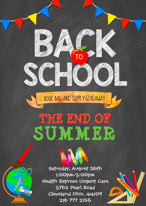 MARK Your Calendars!! Health Express Urgent Care is holding a fun FREE event with: Food, Face Painting, Music, 300 Book Bag &amp; School Supply Giveaway!! 

Date/Time: August 26th 1pm-3pm

Location: 3762 Pearl Rd, Cleveland. *Event will be in the back parking lot facing Archwood*
