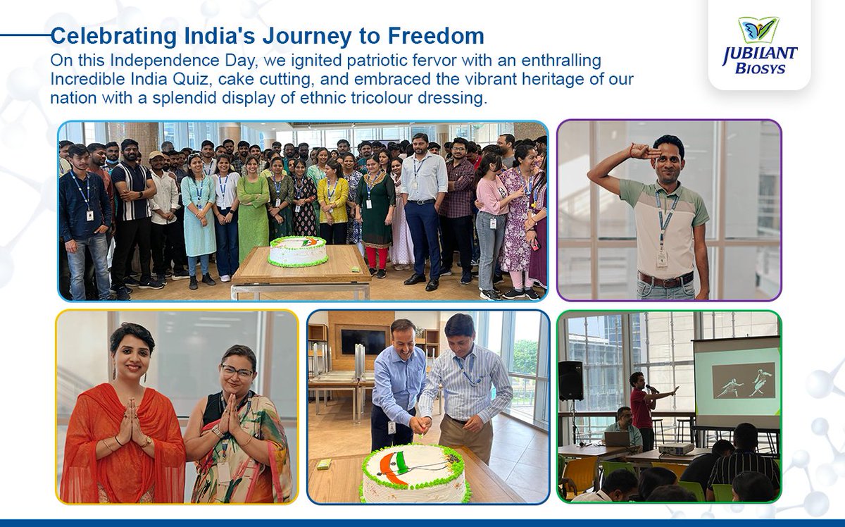 Independence Day celebrations at Jubilant Biosys, Greater Noida.
Celebrating India's Journey to Freedom with a host of events like the Incredible India Quiz and ethnic tri-color dressing to embrace the vibrant heritage of our Nation.
