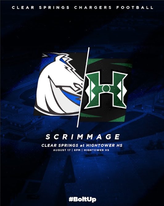 🚨Game Day🚨
🏈Scrimmage🏈
🗓Thursday, August 17
⚡️Clear Springs 🆚 Hightower🌀
🏟Hightower High School
🏈 6:30PM Kickoff
# BOLTUP⚡️ #BRICKBYBRICK