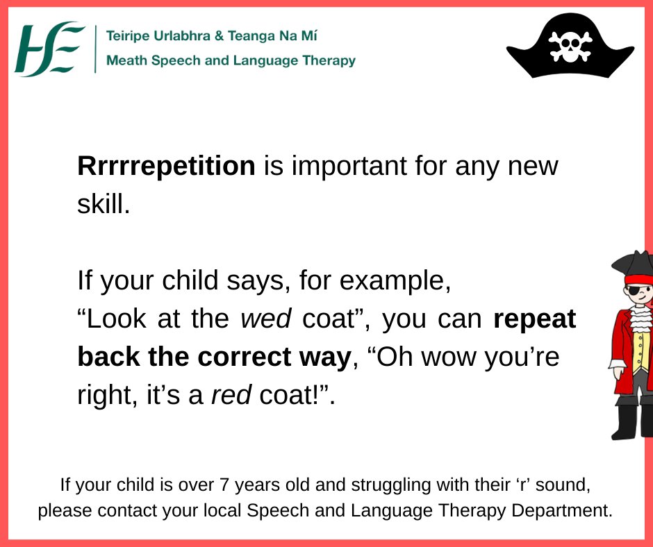 MeathSLT's tweet image. Tomorrow is Talk Like a Pirate Day!

We all know a pirate's favourite sound... "Rrrrr"

"R" is one of the trickiest sounds to say.

#TalkLikeAPirateDay #TalkLikeAPirate #LearningThroughFun #LearningThroughPlay #SpeechDevelopment #SpeechSounds #SLT #SLP #Communication #MeathSLT
