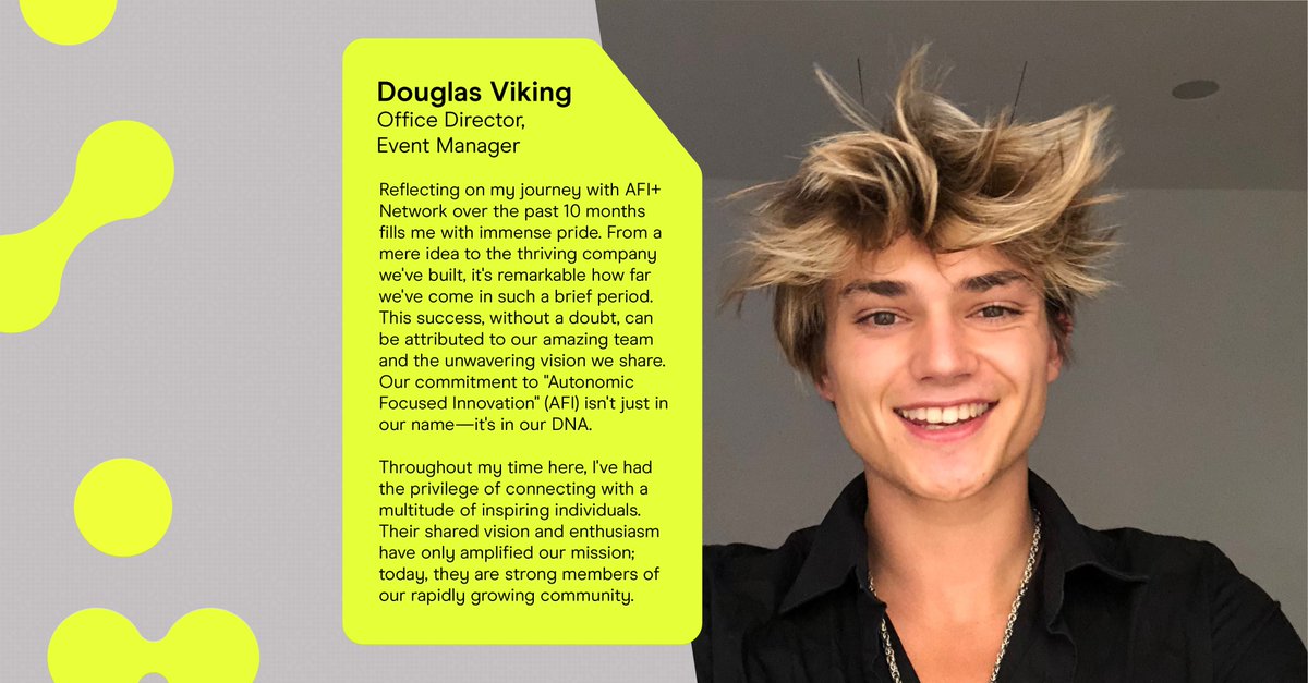 Douglas Viking, our Office Director and Event Manager at AFI+ Network, has been a transformative addition. His 10-month journey with us shines, and we're thrilled for what's ahead! 🌟 

#AFINetwork #TeamGrowth
