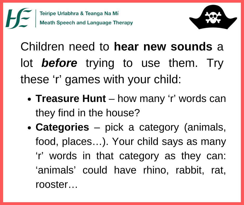 MeathSLT's tweet image. Tomorrow is Talk Like a Pirate Day!

We all know a pirate's favourite sound... "Rrrrr"

"R" is one of the trickiest sounds to say.

#TalkLikeAPirateDay #TalkLikeAPirate #LearningThroughFun #LearningThroughPlay #SpeechDevelopment #SpeechSounds #SLT #SLP #Communication #MeathSLT