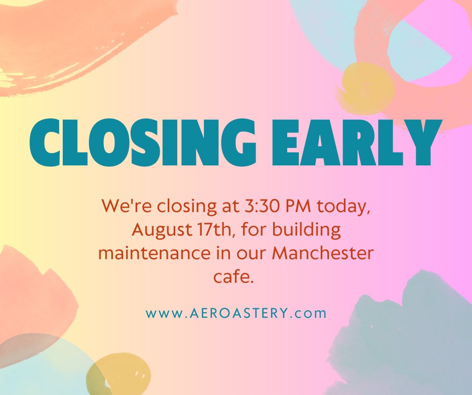Our cafe in Manchester will close at 3:30 PM today. We all need a little maintenance sometimes! Remember to take care of yourselves. We should open at 7:30 AM on Friday, per usual.
.
.
.
.
.
AEROASTERY.com #manchesternh #mhtluv #aeroastery