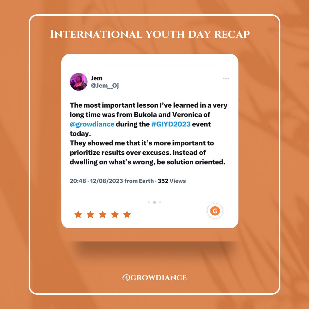 growdiance's tweet photo. International Youth Day with Growdiance was a success thanks to you 🤩

Here’s what some of our attendees had to say about this impactful event😍 If you missed the session, watch the replay via YouTube here https://t.co/wudduXanyJ

#growdiance #GIYD2023 #InternationalYouthDay https://t.co/71Xp1Rzyz6