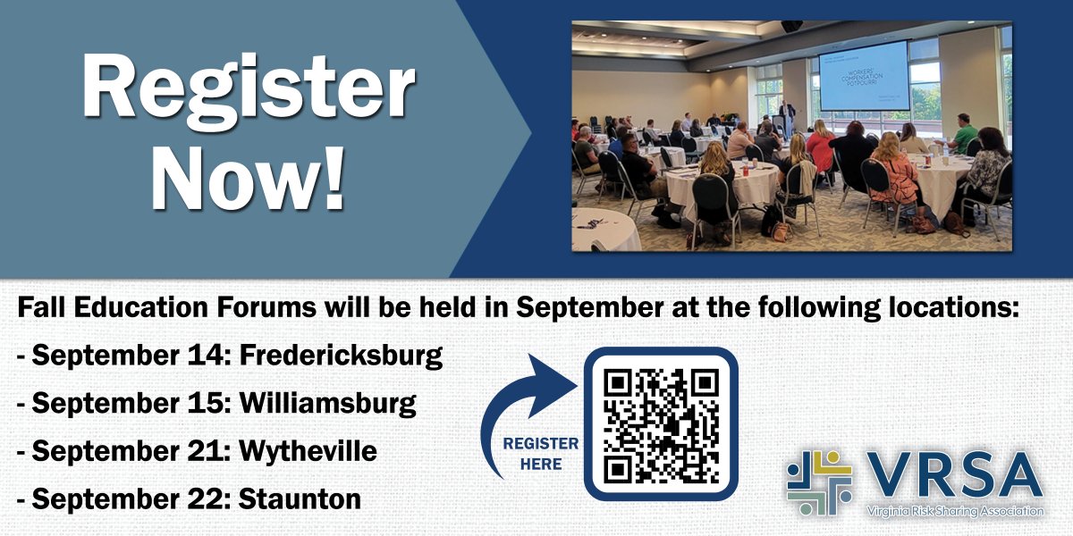 Registration for the Fall Education Forums is online now! Presentations will cover topics including threat assessments, the expansion of the post-traumatic stress disorder (PTSD) statute, third-party contracts, &amp; employment liability claims. 

Scan the QR code below to register!