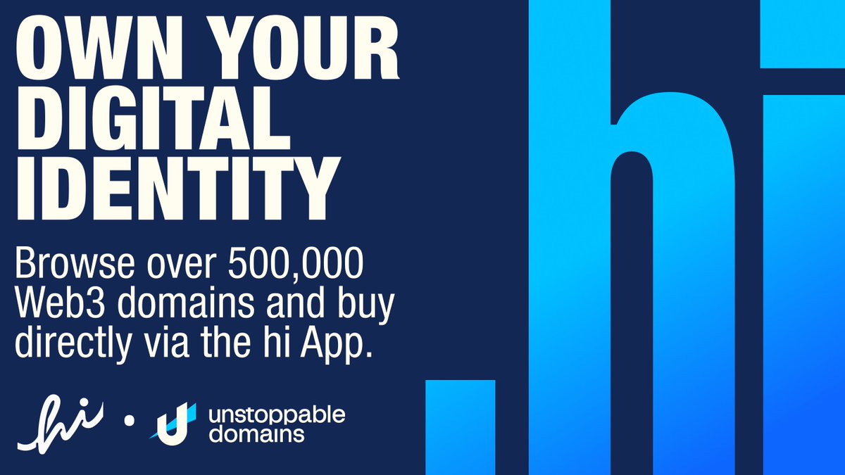Attention <a href="/hi_com_official/">hi | Web 3 Neo-Banking</a> fans 📷 You can now browse over 500,000 Web3 domains and buy your .hi domain directly via the hi App! 

Once you have your .hi domain, display it in the hi app as your username! 

Get started: unstoppableweb.co/45zFtHB