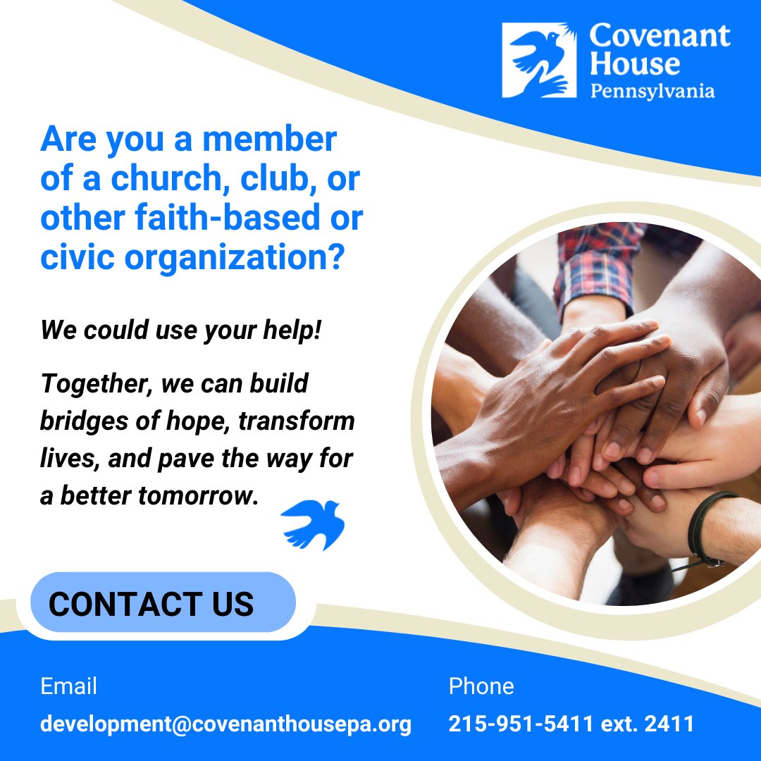 Are you a member of a church, club, or other faith-based/civic organization? We could use your help.  Reach out to us - drop a DM, email develpment@covenanthousepa.org or call  215-951-5411 ext. 2411! 🙏 

#CommunityCares #PartnerWithPurpose #HomelessnessSupport