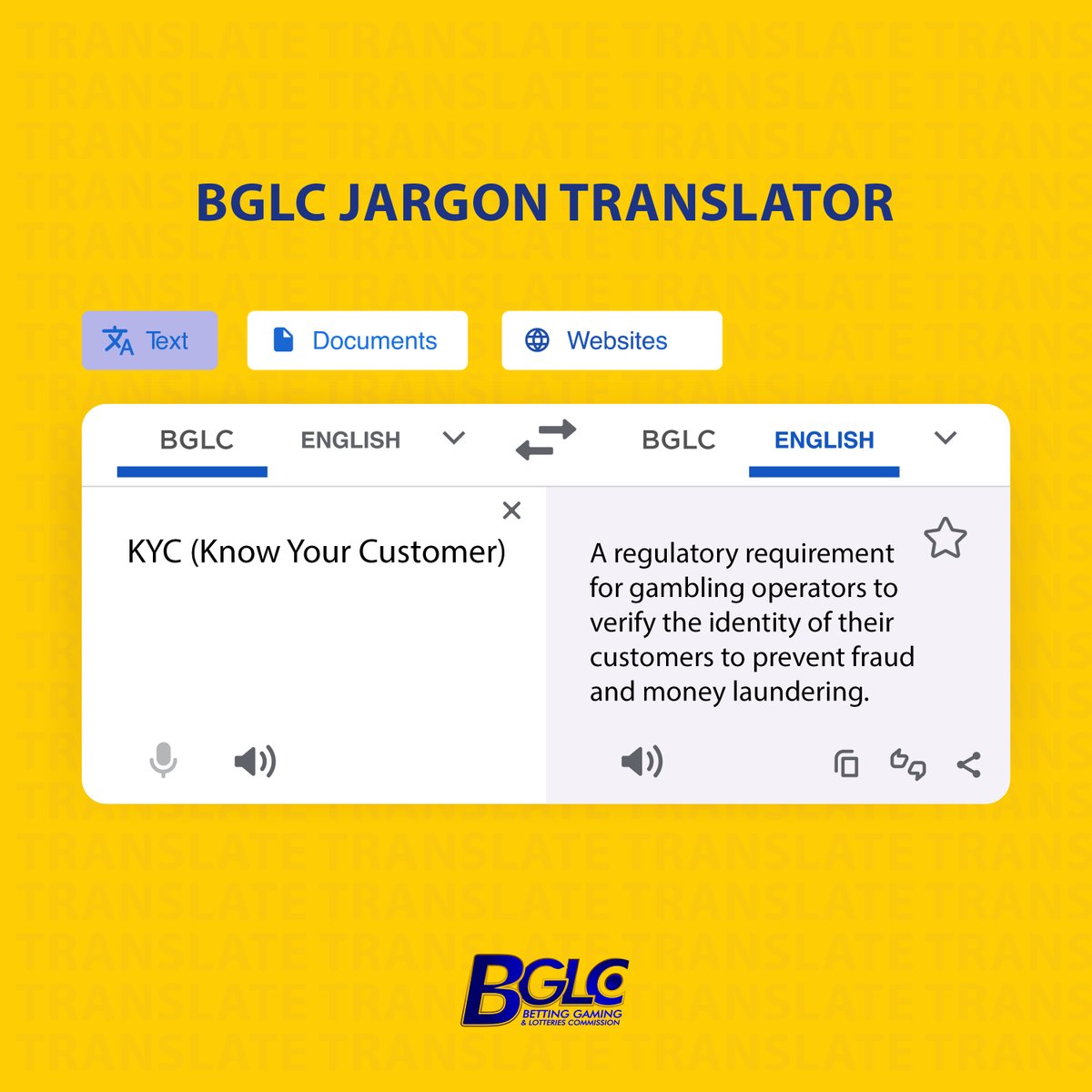 BGLCJAMAICA's tweet photo. KYC (Know Your Customer) is a process where gambling operators verify their customers' identity and personal information to prevent fraud, money laundering and ensure responsible gambling practices.

#KYC #BGLC #JargonTranslator #Responsible Gambling https://t.co/GJDKKlQLBK