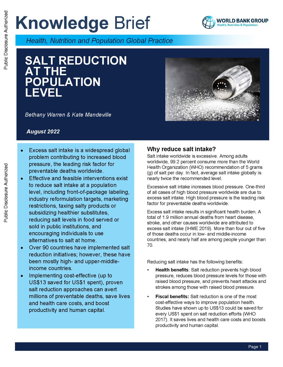 Average salt intake is nearly twice the recommended level, resulting in heart disease and other health burdens.

Effective salt reduction interventions can help save lives and #HealthCare costs and boost productivity and #HumanCapital. 
wrld.bg/xtJC50PxSbJ.