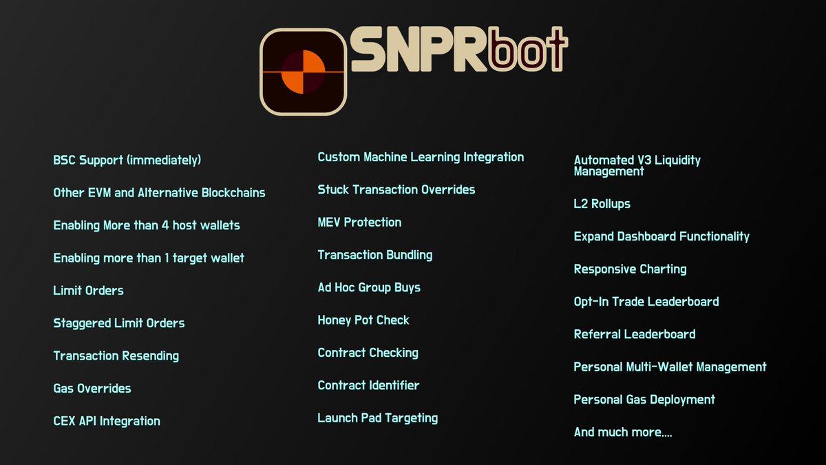 SNPR_Platform's tweet image. Good Morning! If you haven’t looked at our roadmap, you should! What differentiates us from other bot’s? We’re not a bot project…Being able to automate your trades from your #SNPRbot wallets is just basic functionality… Example: Automated Liquidity Management is in the works.