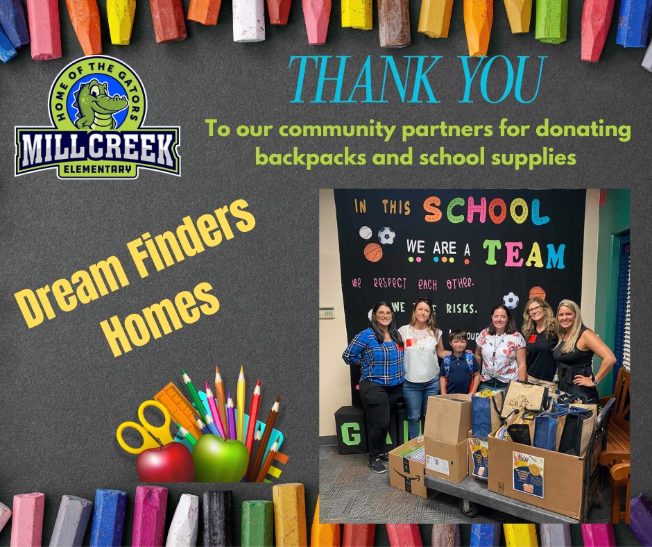 Thank you to our community partner's HOPE worldwide and Dream Finders Homes - Northeast Florida for donating school supplies to Mill Creek Elementary School.