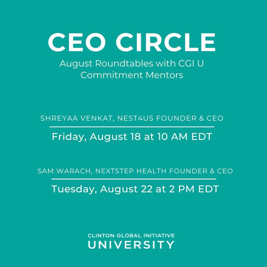 joinnest4's tweet photo. So excited for #ShreyaaVenkat to take part in @CGIU's #CEOCircle, where she'll share her journey as a #NEST4US #CEO & the #power of servant #leadership. #Grateful to @ClintonFdn for this #opportunity! #Register: https://t.co/ly1bE8WCUq #CGIU #Changemakers https://t.co/TnRs0vVqL4 https://t.co/T8XeNdN3Tn