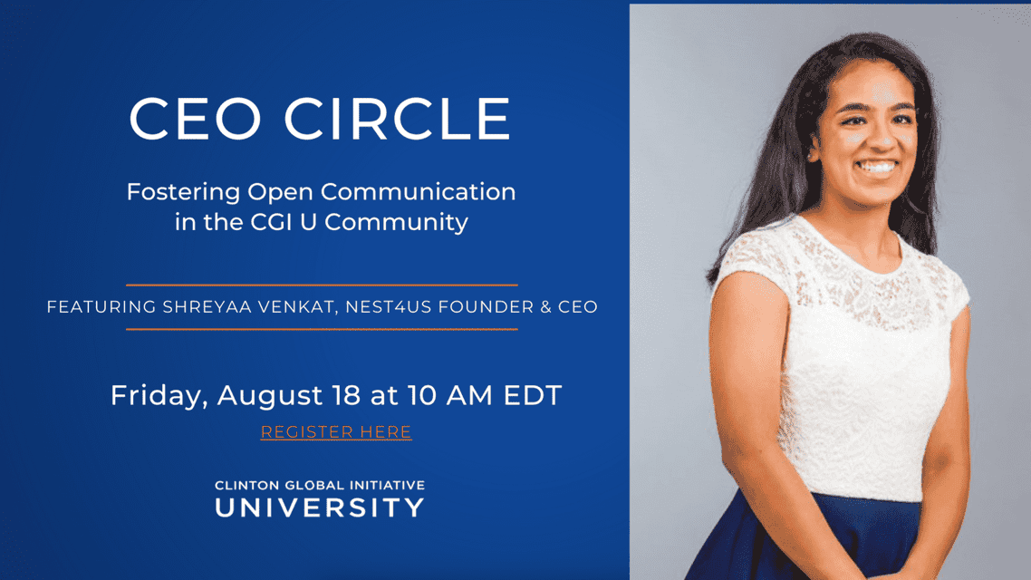 joinnest4's tweet photo. So excited for #ShreyaaVenkat to take part in @CGIU's #CEOCircle, where she'll share her journey as a #NEST4US #CEO & the #power of servant #leadership. #Grateful to @ClintonFdn for this #opportunity! #Register: https://t.co/ly1bE8WCUq #CGIU #Changemakers https://t.co/TnRs0vVqL4 https://t.co/T8XeNdN3Tn